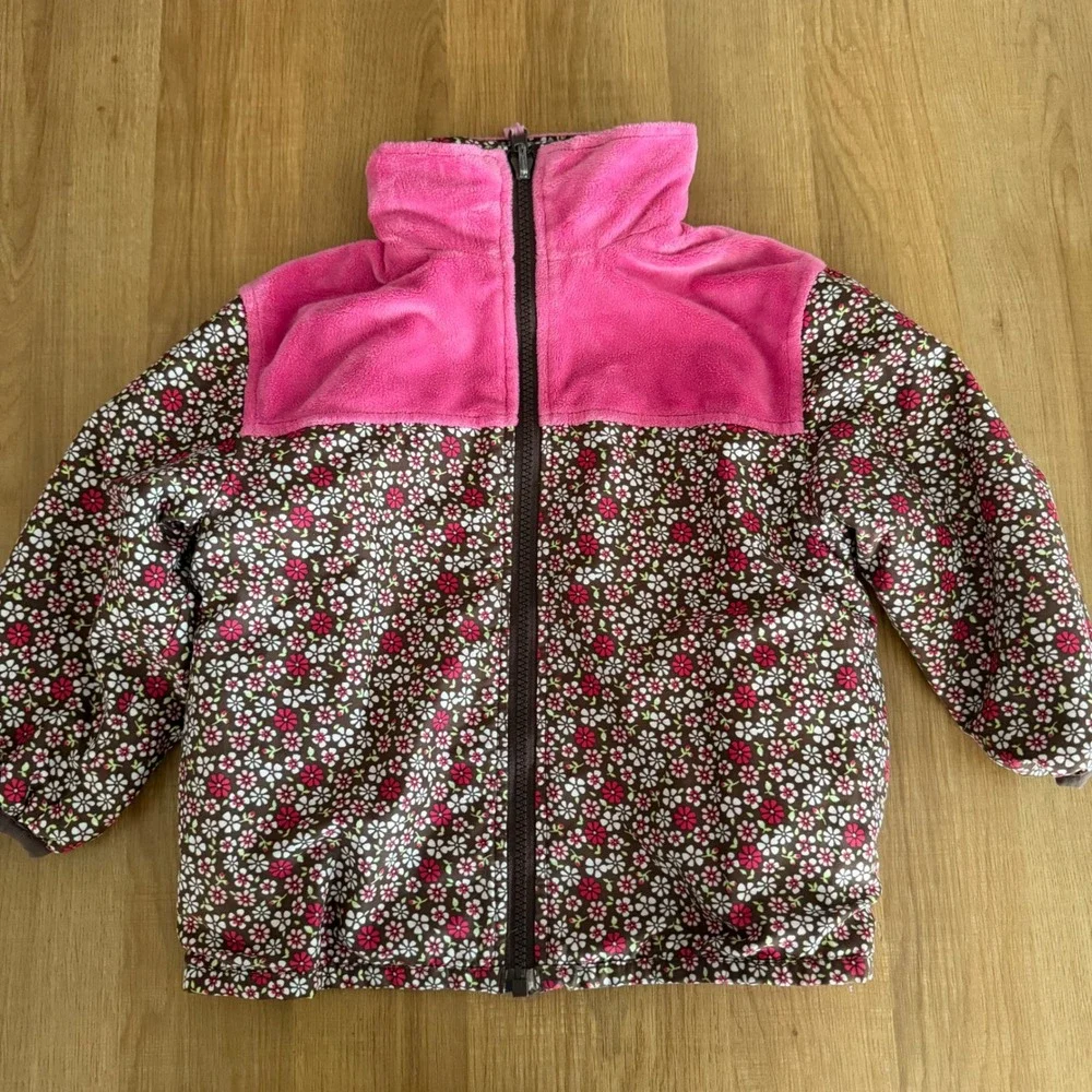 Carters Toddler Girls 3T Reversible Jacket Pink Fleece Floral Brown Full Zip